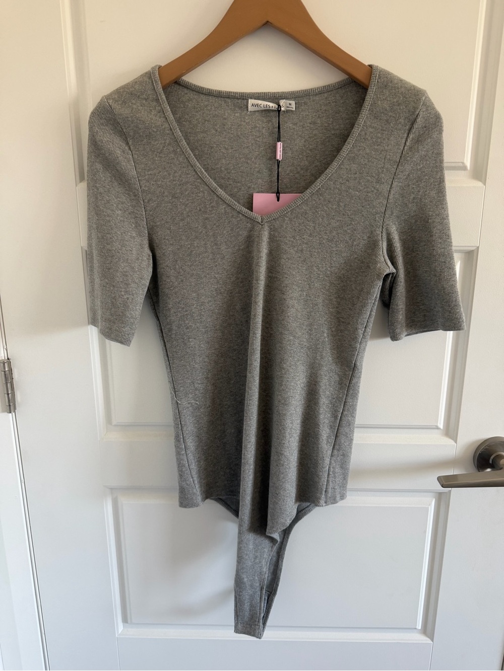 NWT Avec Les Filles Grey Rib Knit Half-Sleeve Bodysuit M